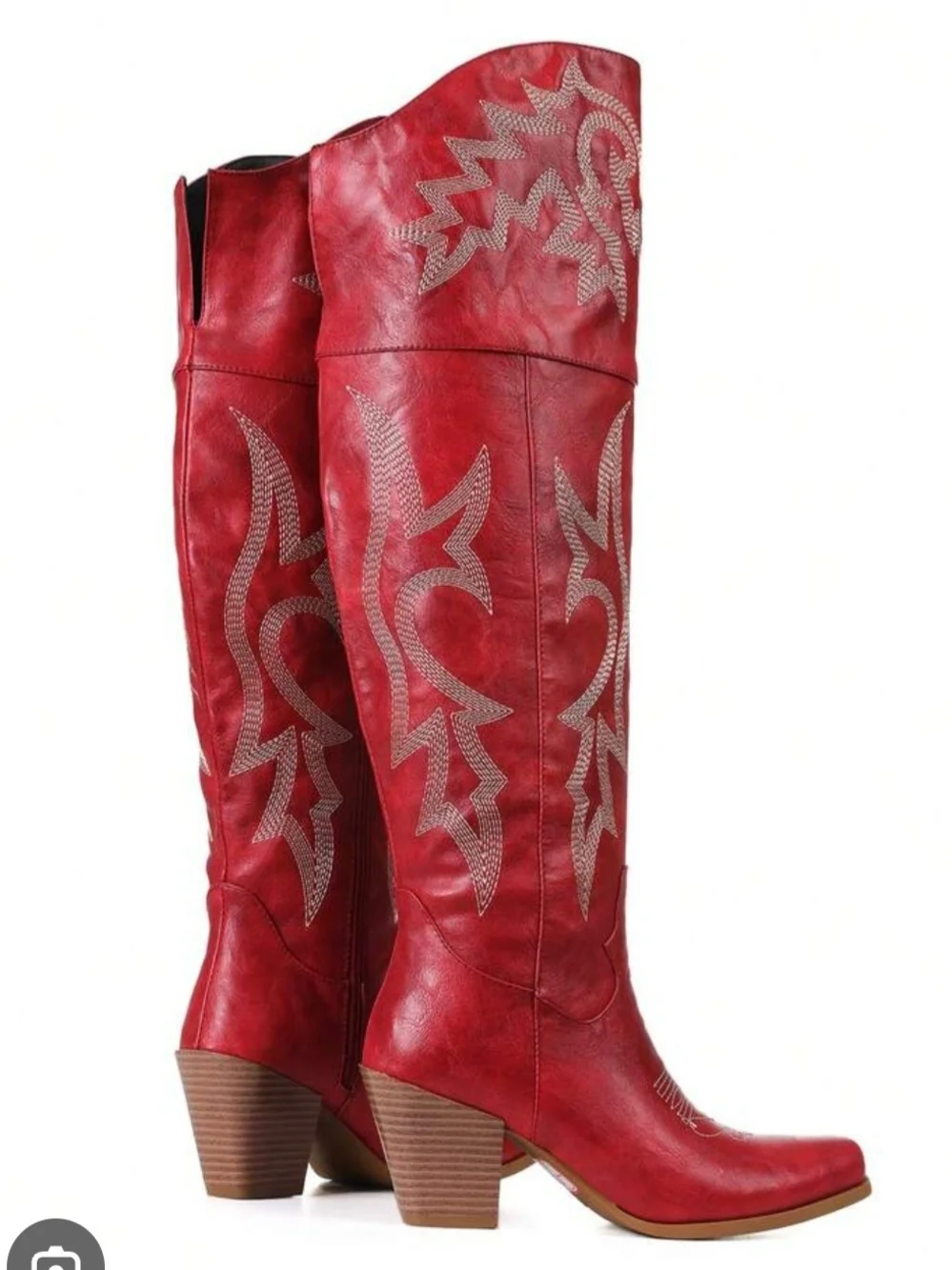 NWOT Red Over-The-Knee Western Boots with White Embroidery